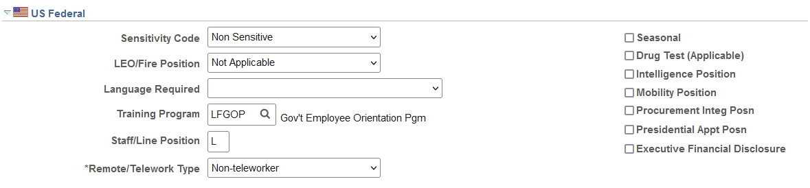 Position Data - Specific Information page - US Federal section