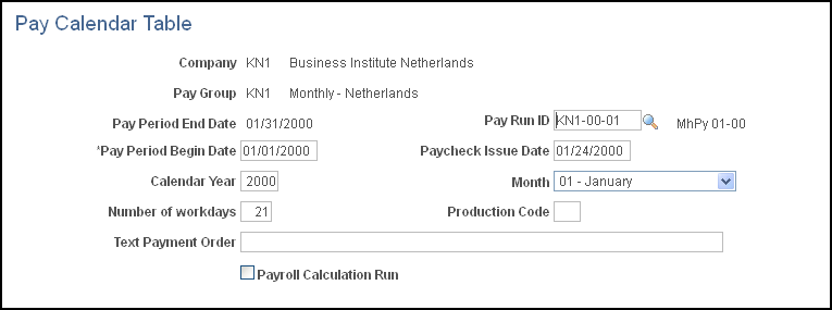 Pay Calendar Table page