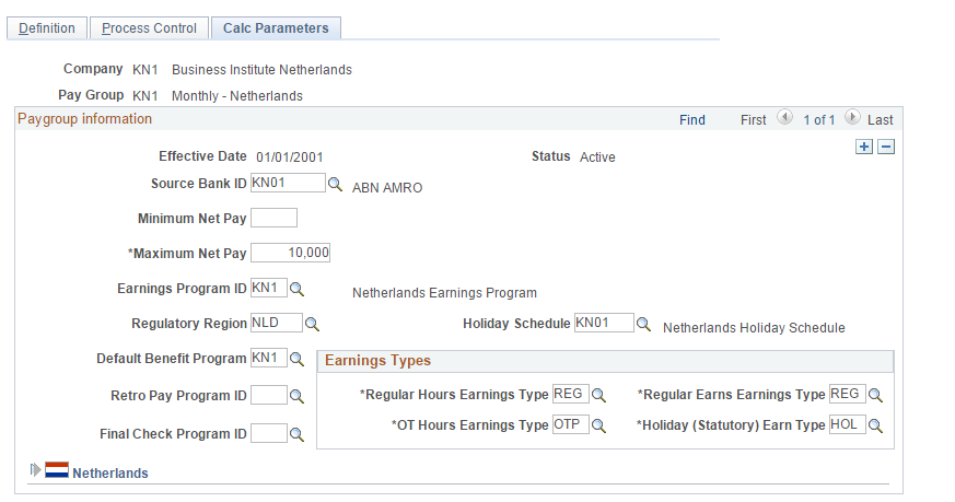 Pay Group Table - Calc Parameters page
