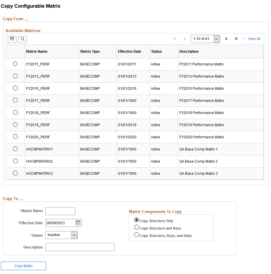 Copy Configurable Matrix page