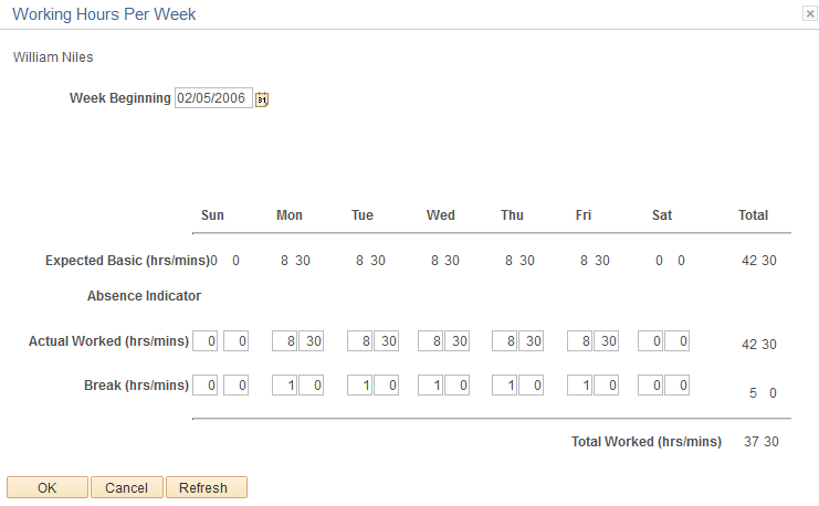 Daily Exceptions - Working Hours Per Week page