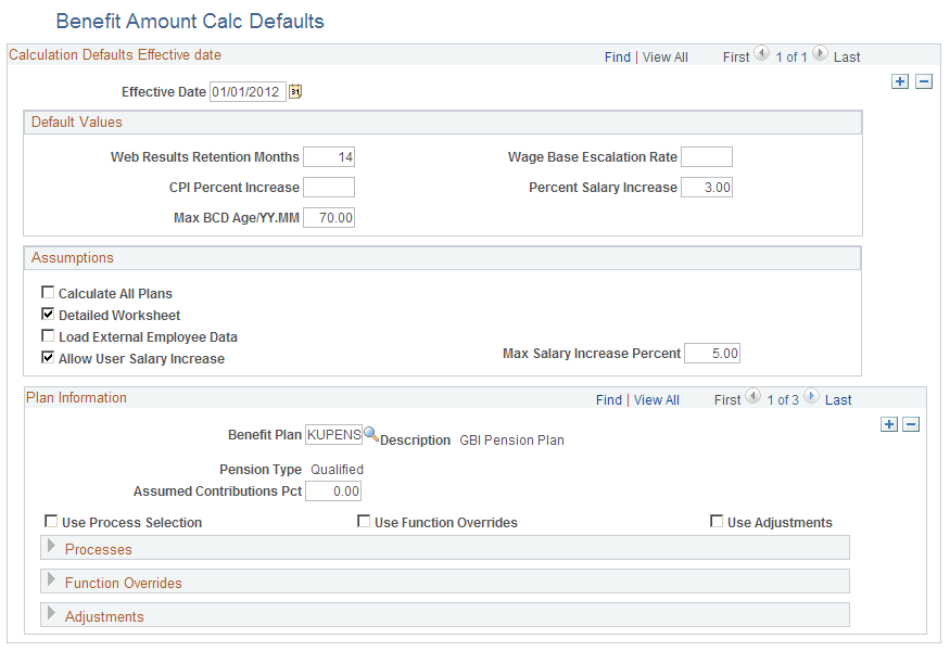 Benefit Amount Calc Defaults page