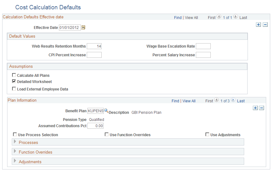 Cost Calculation Defaults page