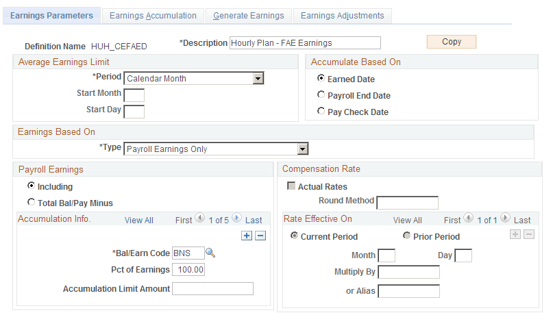 Earnings Parameters page