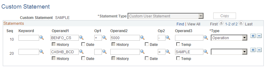 Custom Statement page showing an extended mathematical operation