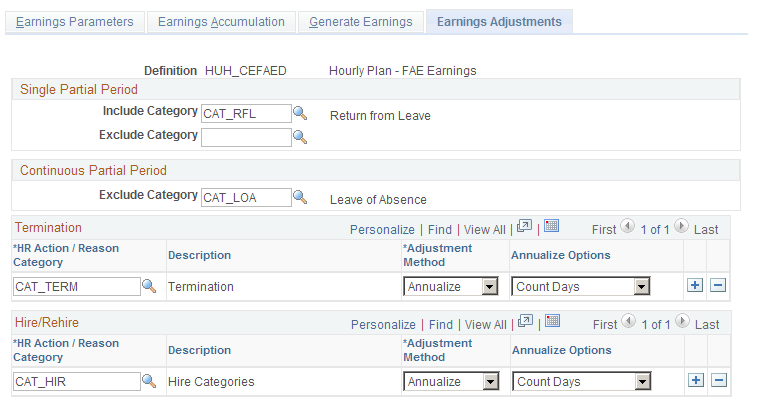 Earnings Adjustments page