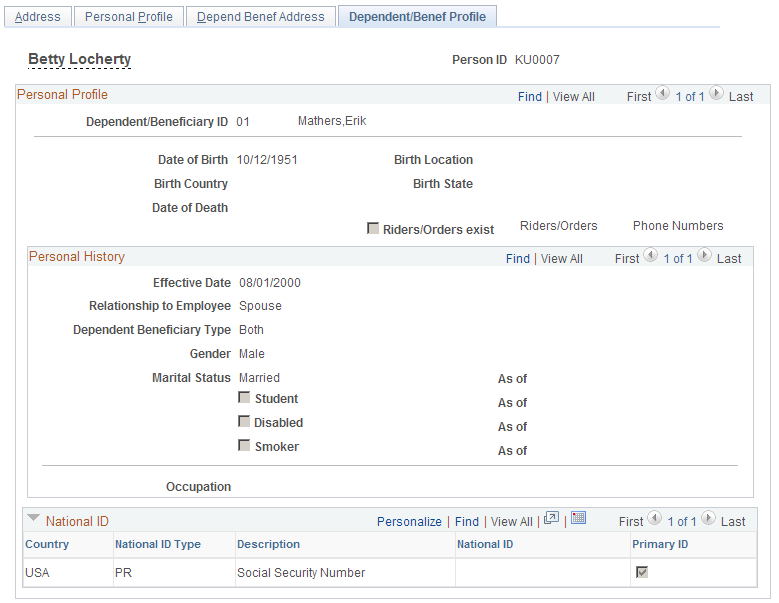 Dependent/Benef Profile page