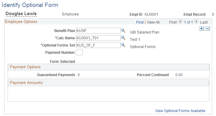 Identify Optional Form page: choosing an optional forms set