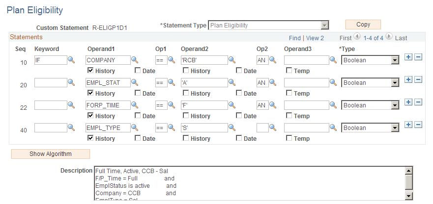 Example of a plan eligibility custom statement that uses history