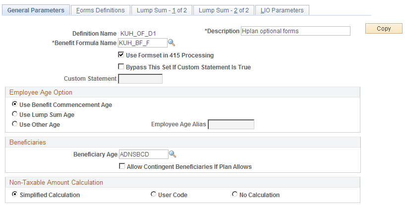 Optional Forms - General Parameters page