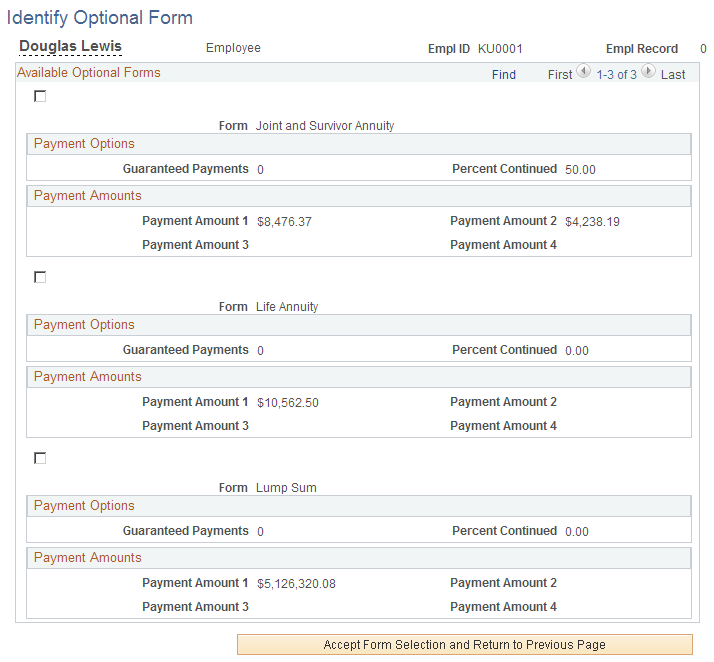 Identify Optional Form page: choosing one payment option from the selected set of optional forms