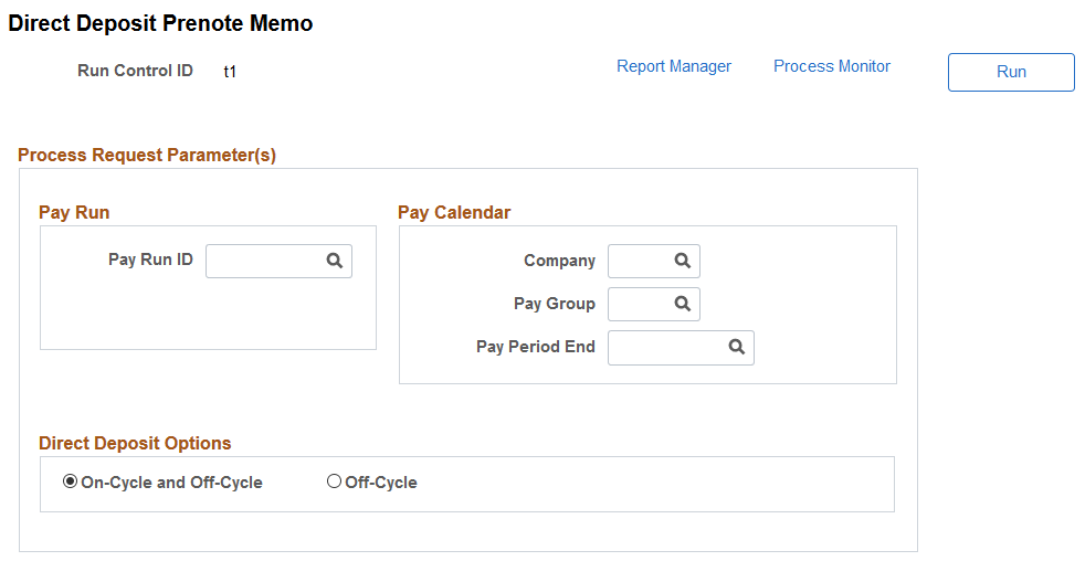 Direct Deposit Prenote Memo page (Create Off-Cycle Files option enabled)