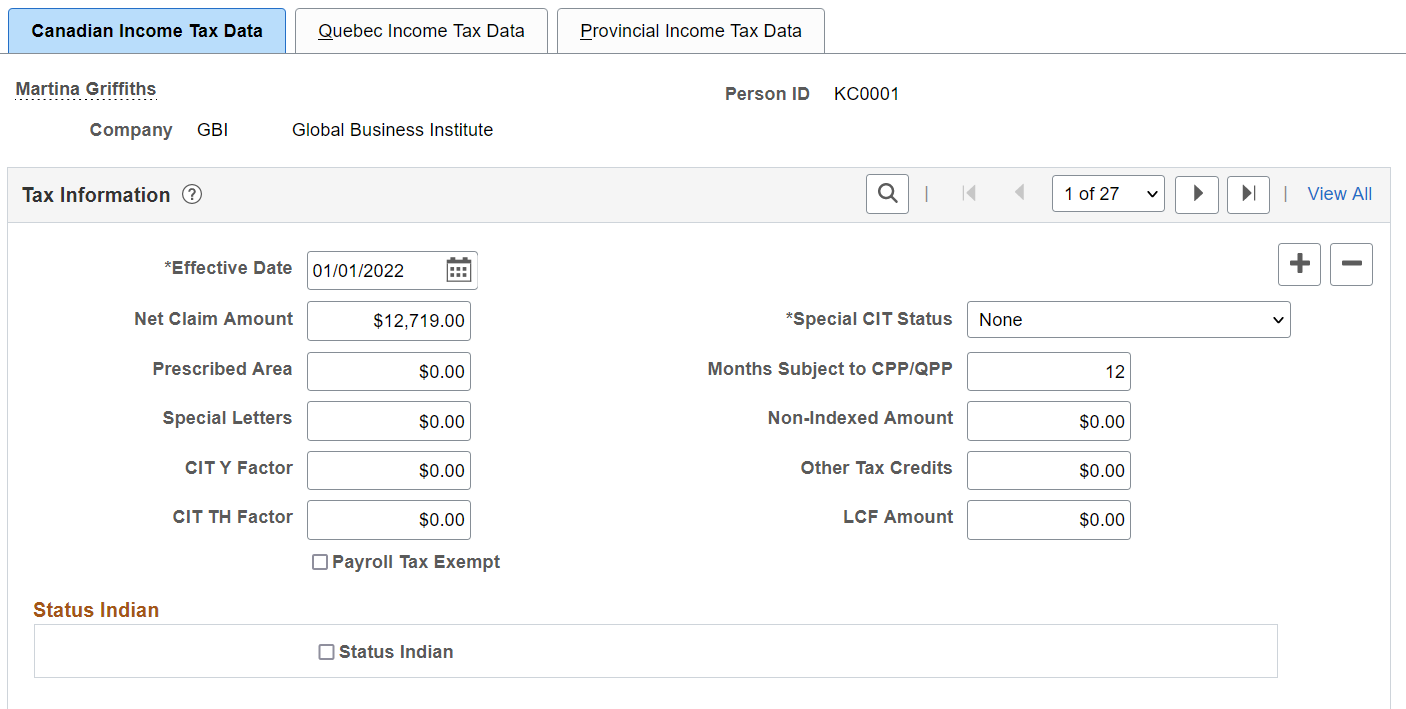 Canadian Income Tax Data page (1 of 3)