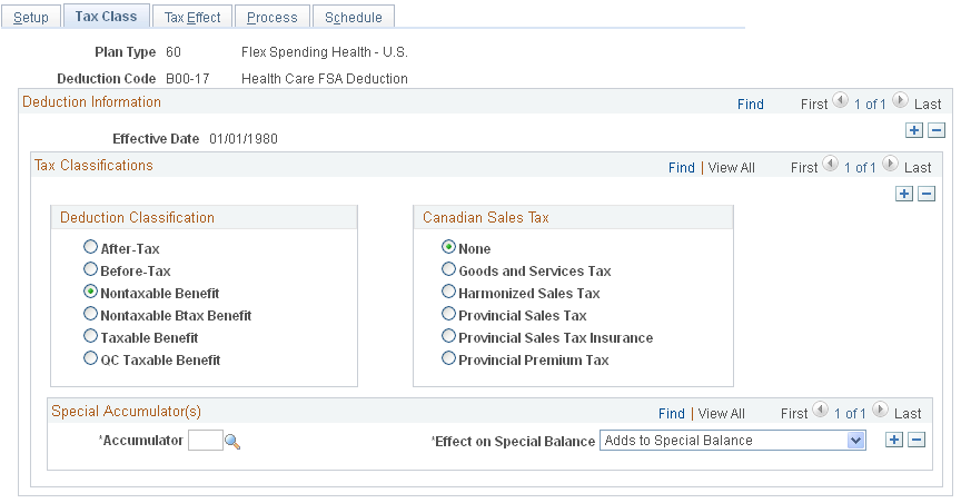 Deduction Table - Tax Class page