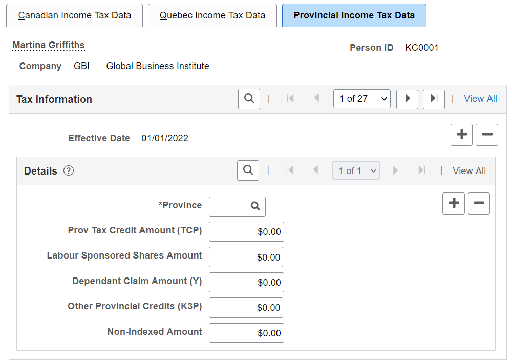 Provincial Income Tax Data page