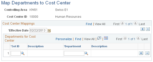 Map Departments to Cost Center page