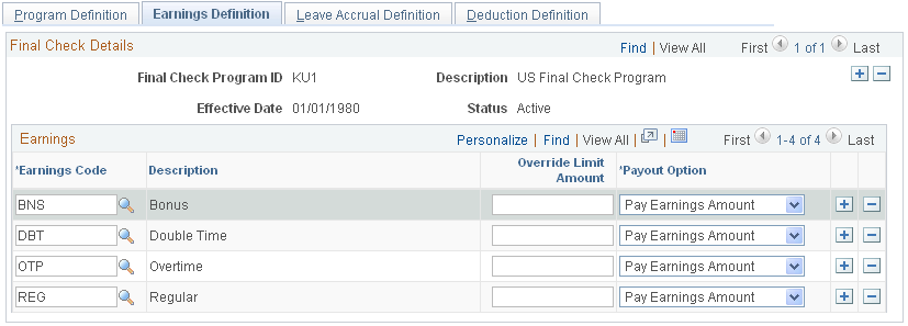 Final Check Program Table - Earnings Definition page