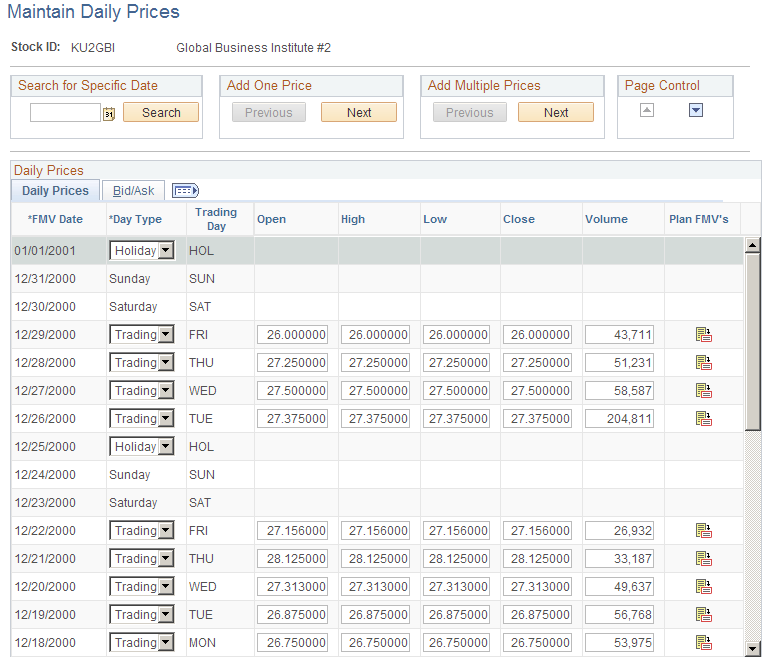 Maintain Daily Prices page: Daily Prices tab