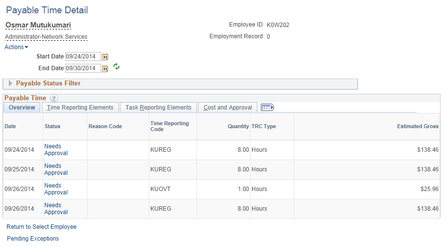 Payable Time Detail page