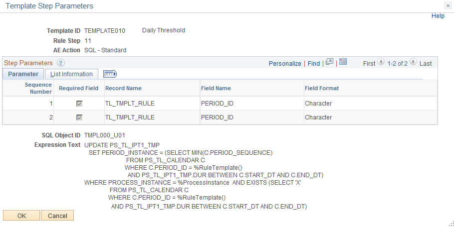 Template Step Parameters Page