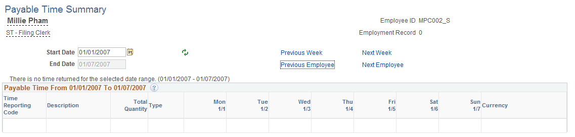 Payable Time Summary page