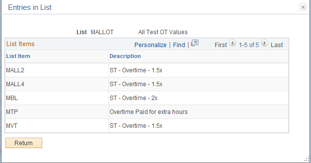 Overtime TRC Value List page