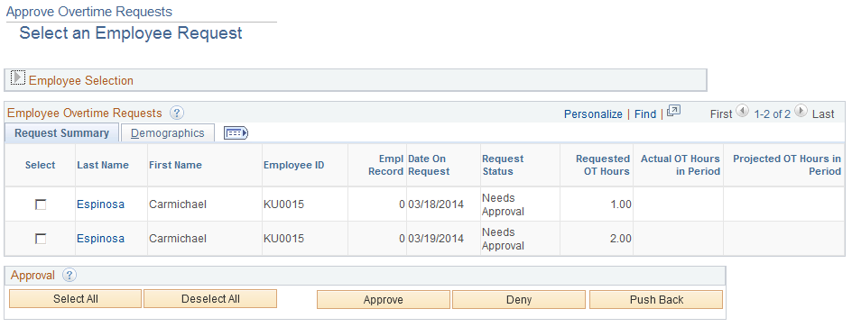 Approve Overtime Requests - Select an Employee Request page