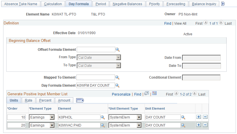 Example: Absence Take - Day Formula page with two earnings