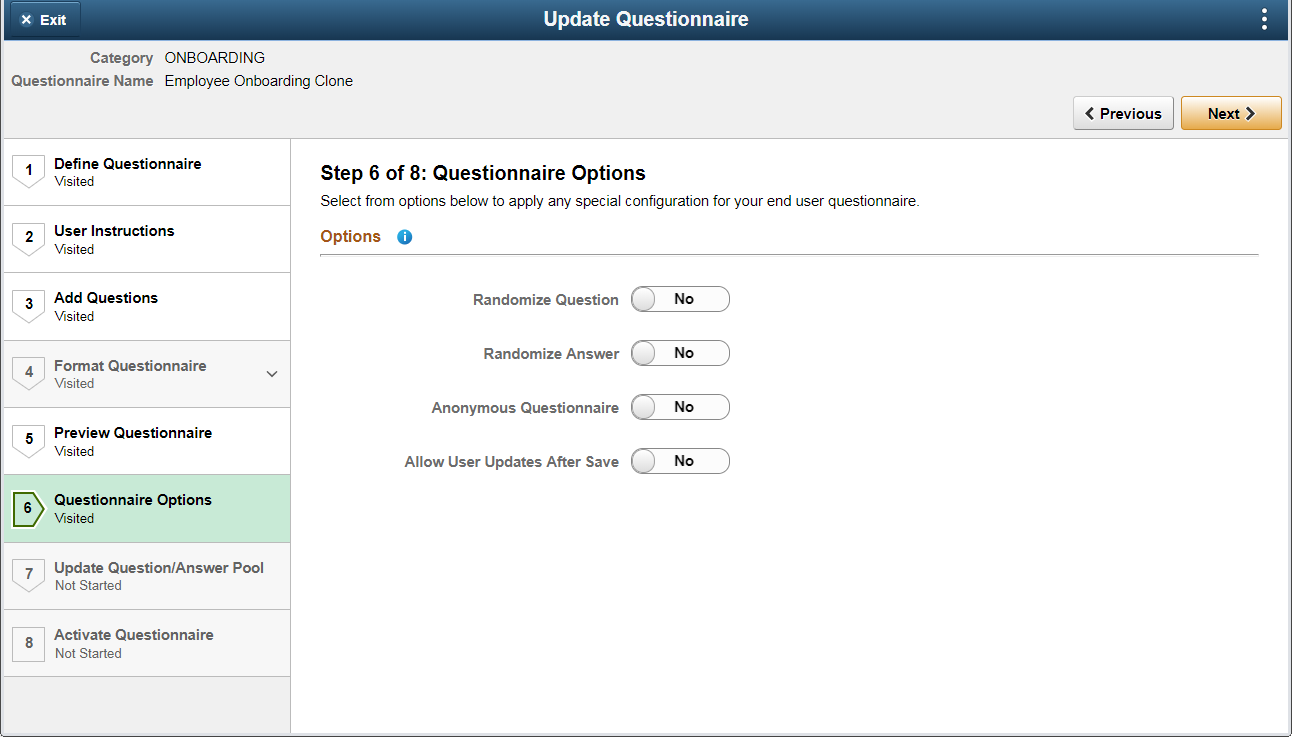 Questionnaire Options page