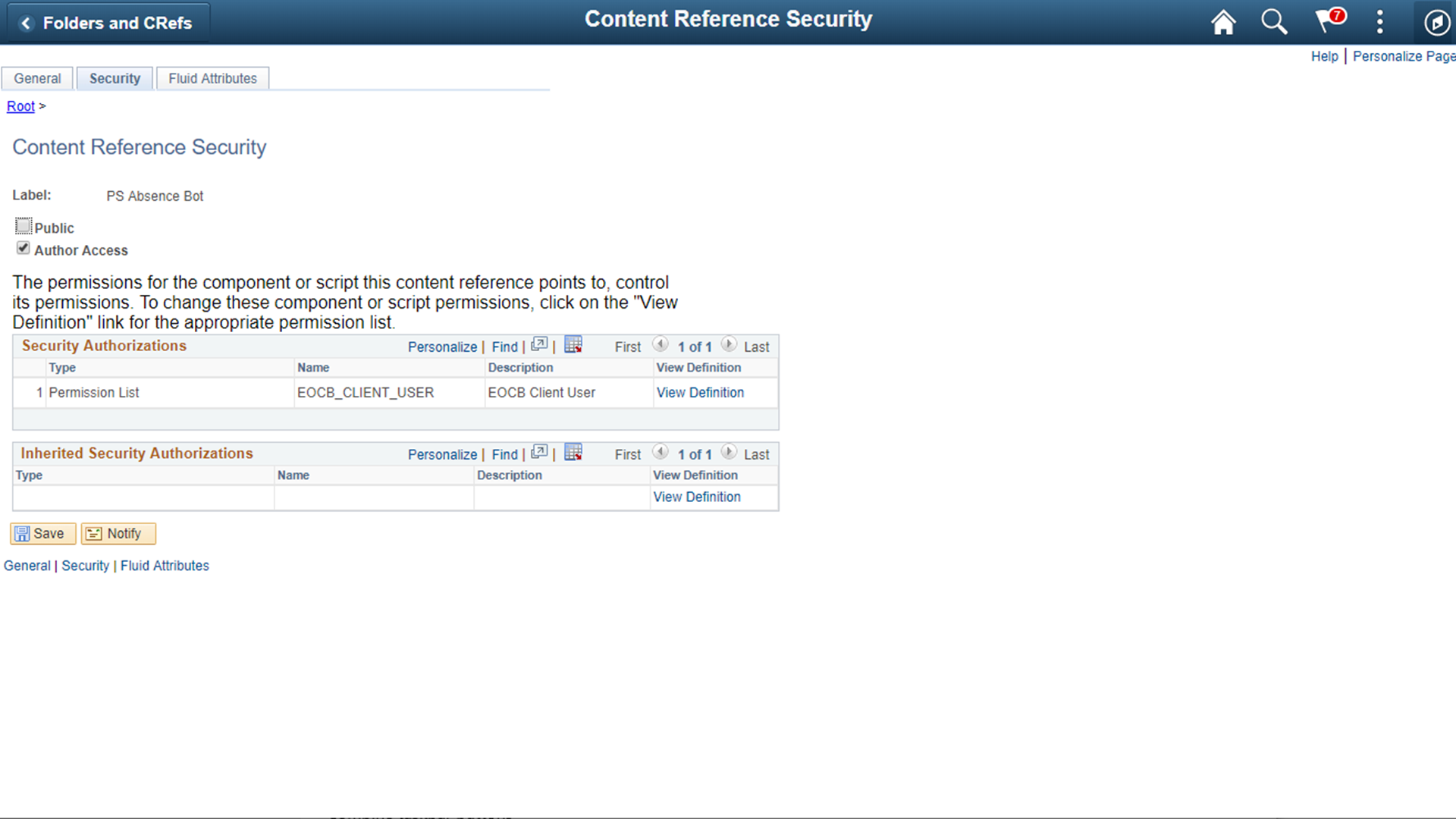 Content Reference Security tab