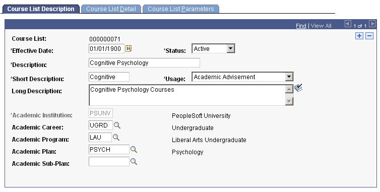 Course List Description page