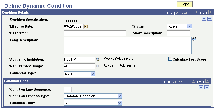 Define Dynamic Condition page: Add mode