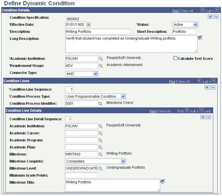 Define Dynamic Condition page: Update/Display mode