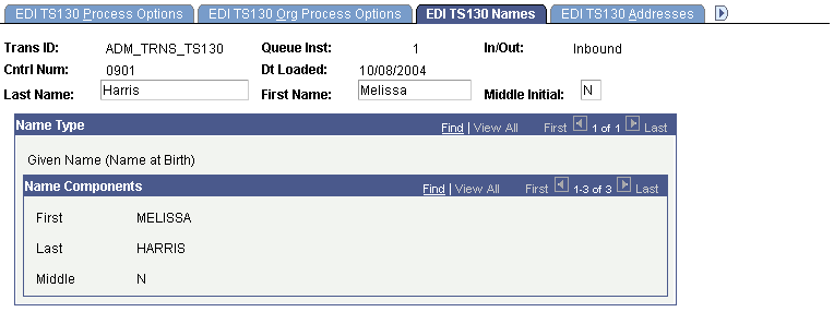 EDI (electronic data interchange) TS130 (Transaction Set 130) Names page