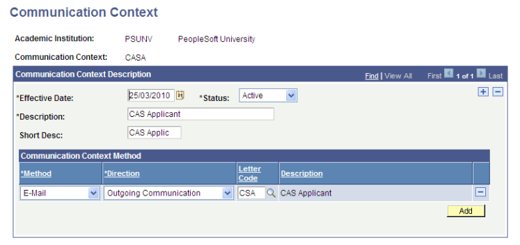 Communications Context page for CASA (Confirmation of Acceptance of Studies Number notifications to applicants)