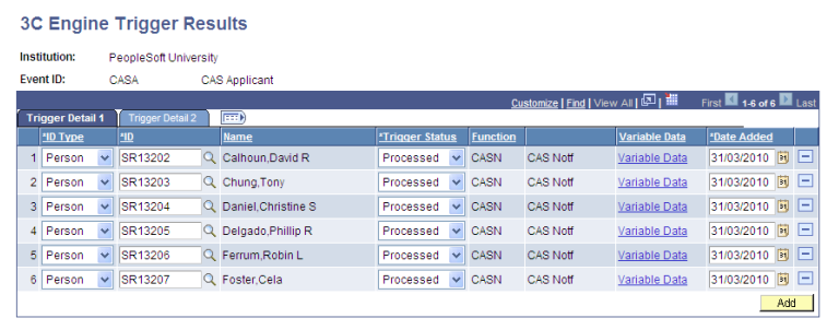 3C (communications, comments, and checklists) Engine Trigger Results page for CASA (Confirmation of Acceptance of Studies Number notifications to applicants)