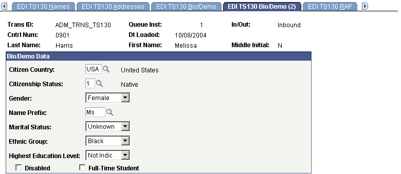 EDI (electronic data interchange) TS130 (Transaction Set 130) Bio/Demo (biographical/demographic) (2) page