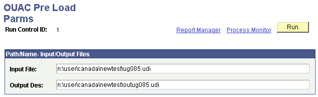 OUAC (Ontario Universities Application Center) Pre Load Parms (parameters) page