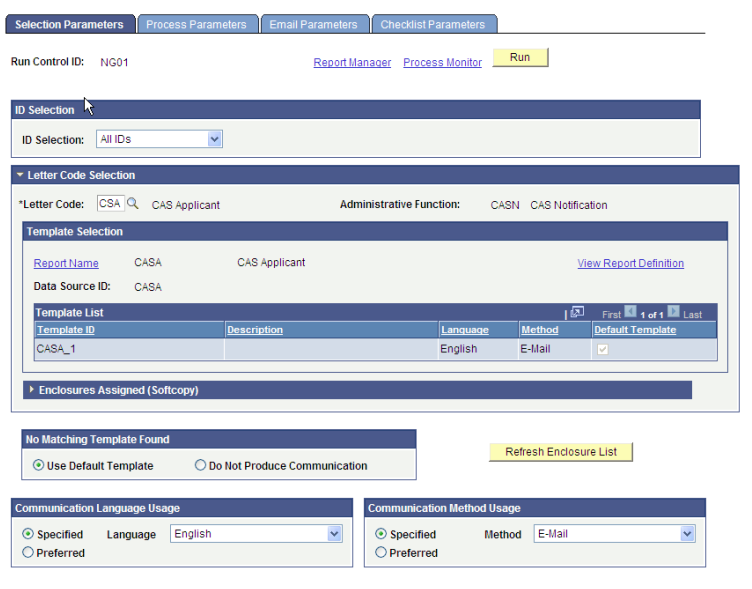 Selection Parameters page