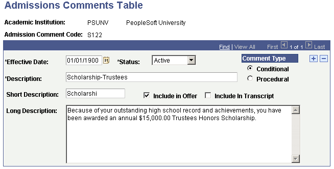 Admissions Comments Table page