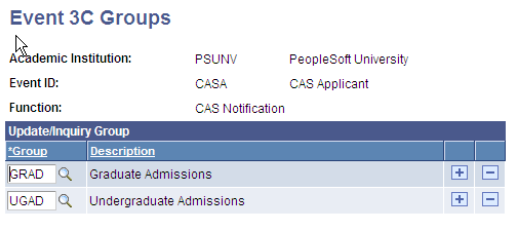 Event 3C (communications, comments, and checklists) Groups page for CASA (Confirmation of Acceptance of Studies Number notifications to applicants)