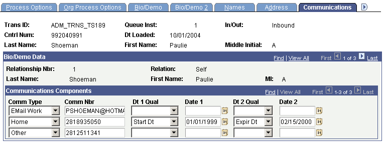 TS189 (Transaction Set 189) Staging - Communications page