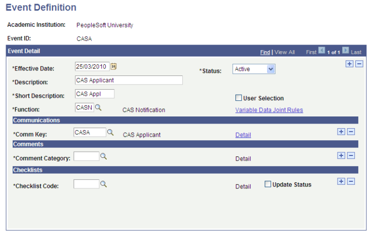 Event Definition page for CASA (Confirmation of Acceptance of Studies Number notifications to applicants)