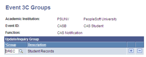 Event 3C (communications, comments, and checklists) Groups page for CASB (Confirmation of Acceptance of Studies Number notifications to continuing students)