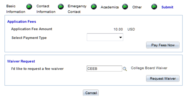 Fee/Waiver page (Requesting Waiver)