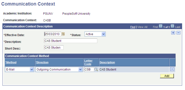 Communications Context page for CASB (Confirmation of Acceptance of Studies Number notifications to continuing students)
