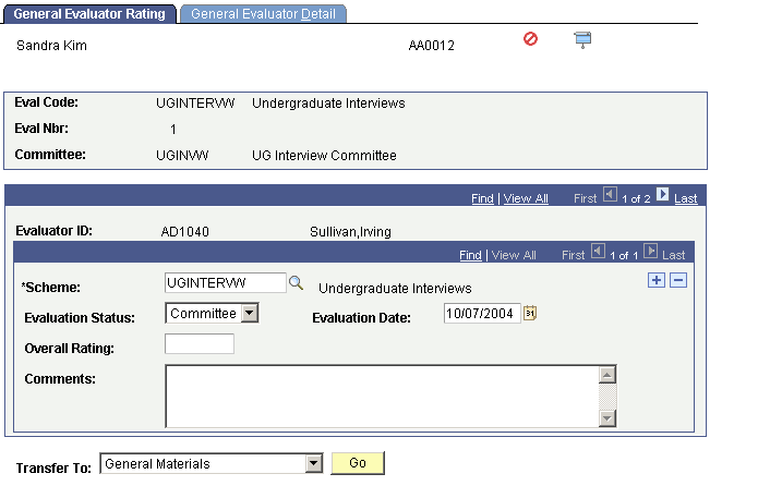 General Evaluator Rating page