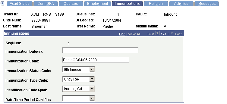 TS189 (Transaction Set 189) Staging - Immunizations page