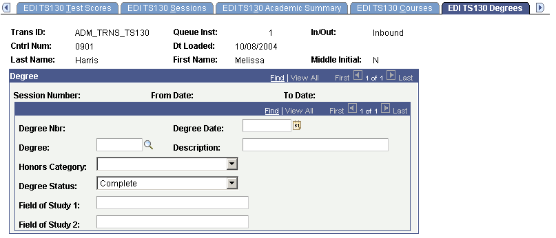 EDI (electronic data interchange) TS130 (Transaction Set 130) Degrees page