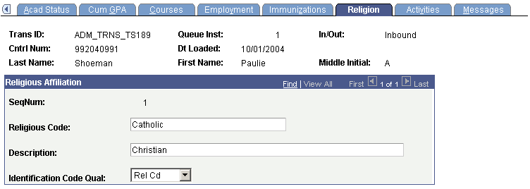 TS189 (Transaction Set 189) Staging - Religion page